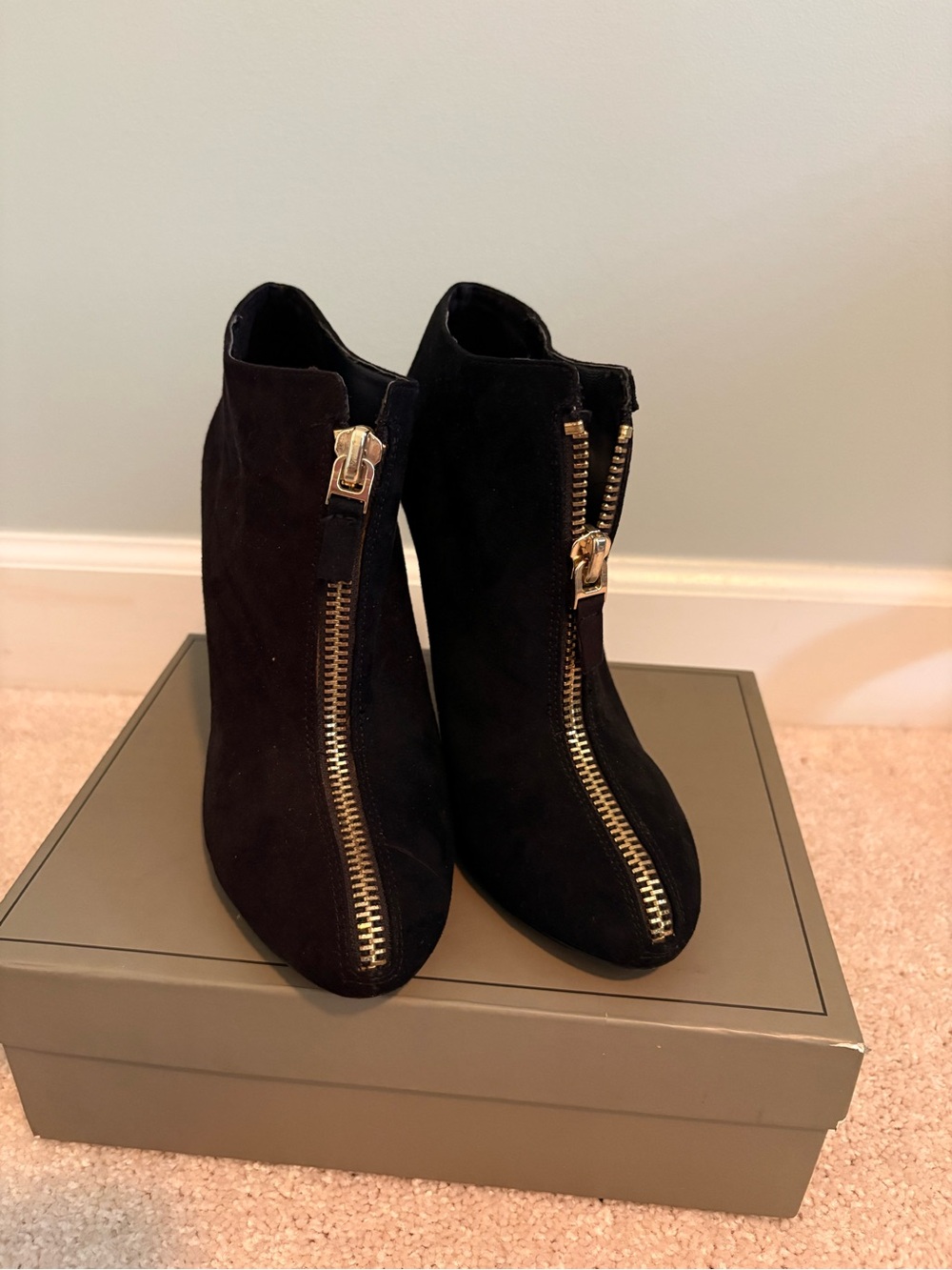 Zara Black Suede Ankle Booties with Gold Front Zip